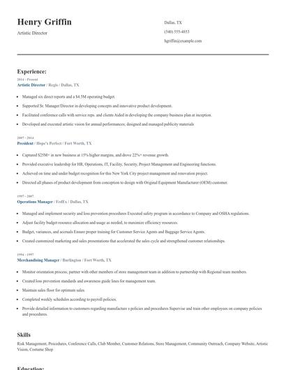 Artistic Director Resume