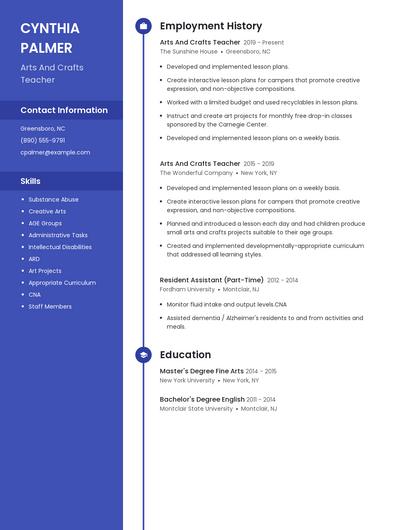 Arts And Crafts Teacher Resume