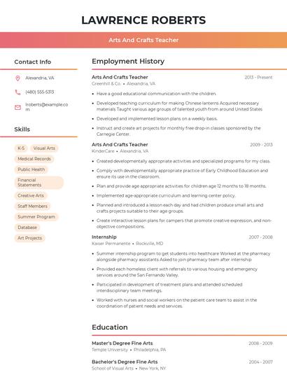Arts And Crafts Teacher Resume