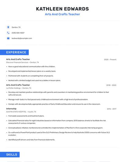 Arts And Crafts Teacher Resume