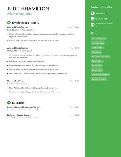 Arts And Crafts Teacher Resume