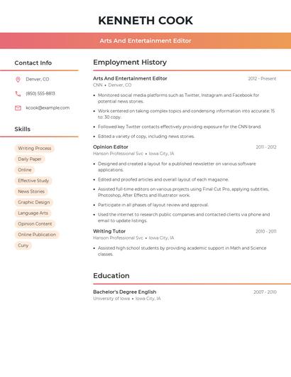 Arts And Entertainment Editor Resume