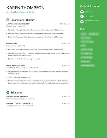 Arts And Entertainment Editor Resume