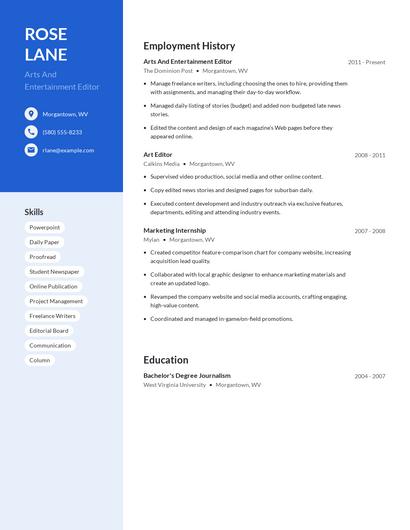 Arts And Entertainment Editor Resume