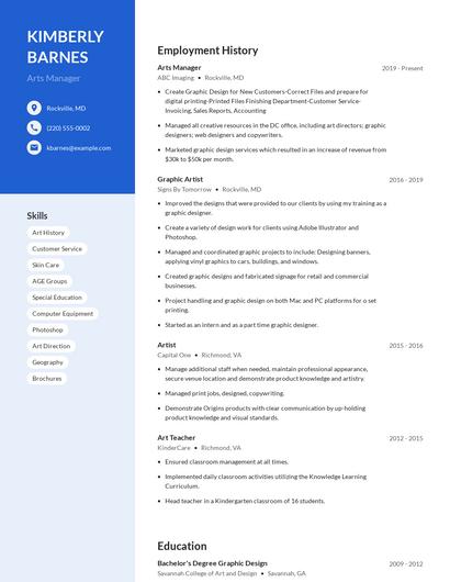 Arts Manager Resume
