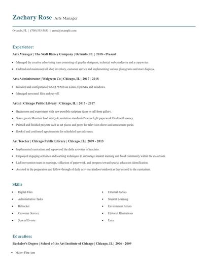 Arts Manager Resume