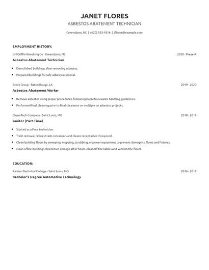 Asbestos Abatement Technician Resume