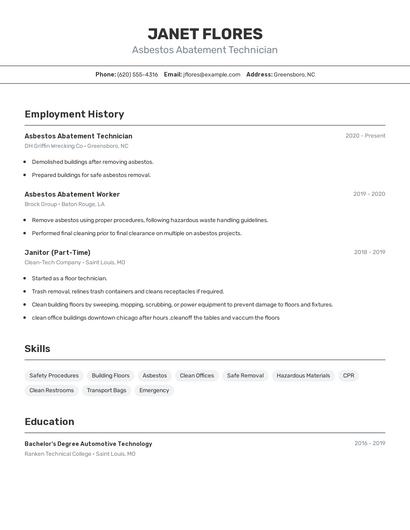 Asbestos Abatement Technician Resume