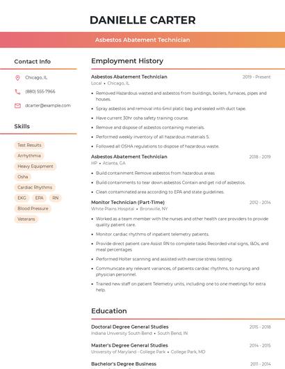 Asbestos Abatement Technician Resume