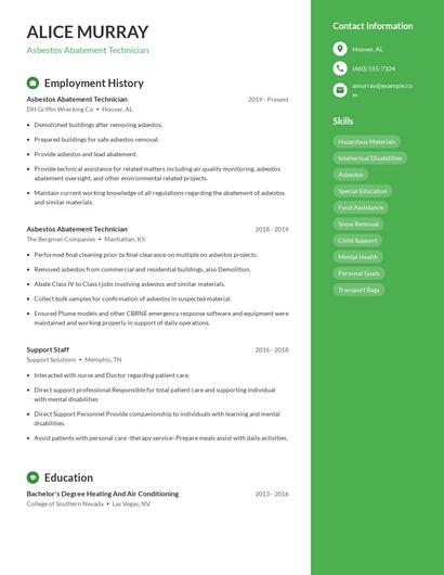 Asbestos Abatement Technician Resume