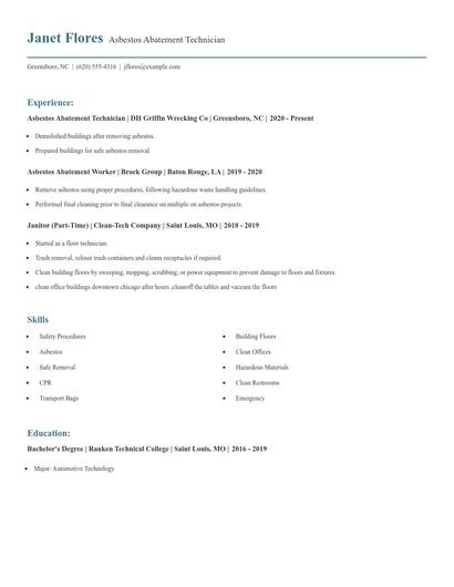 Asbestos Abatement Technician Resume