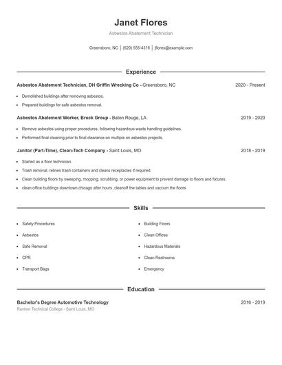 Asbestos Abatement Technician Resume