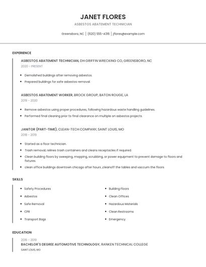 Asbestos Abatement Technician Resume
