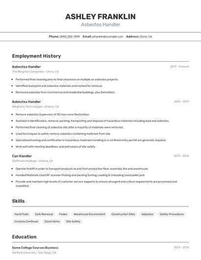 Asbestos Handler Resume