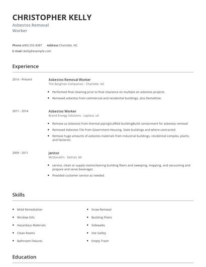 Asbestos Removal Worker Resume