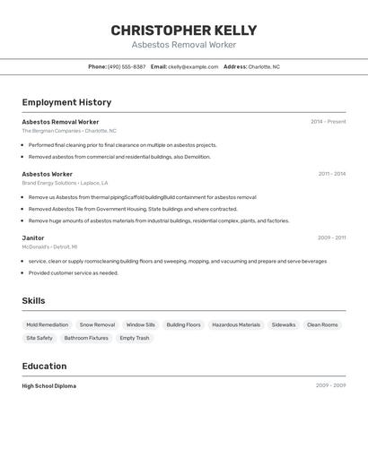 Asbestos Removal Worker Resume