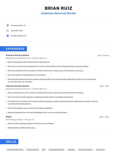 Asbestos Removal Worker Resume