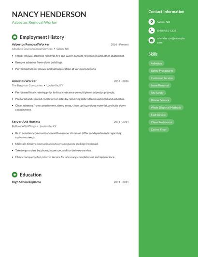 Asbestos Removal Worker Resume