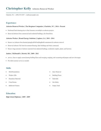 Asbestos Removal Worker Resume