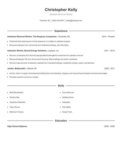 Asbestos Removal Worker Resume