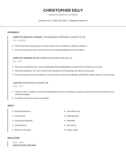 Asbestos Removal Worker Resume