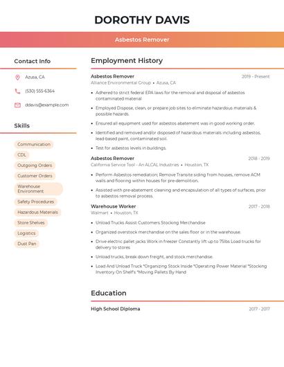 Asbestos Remover Resume