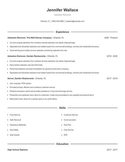 Asbestos Remover Resume