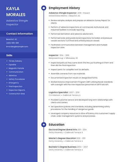 Asbestos Shingle Inspector Resume