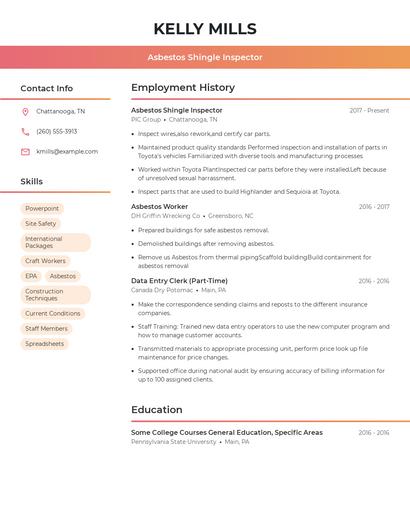 Asbestos Shingle Inspector Resume