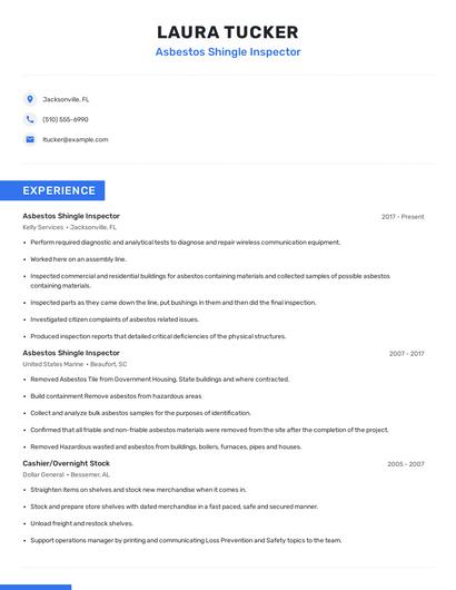 Asbestos Shingle Inspector Resume