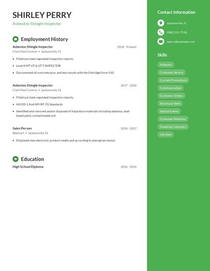 Asbestos Shingle Inspector Resume