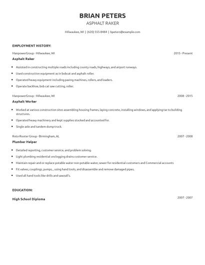 Asphalt Raker Resume