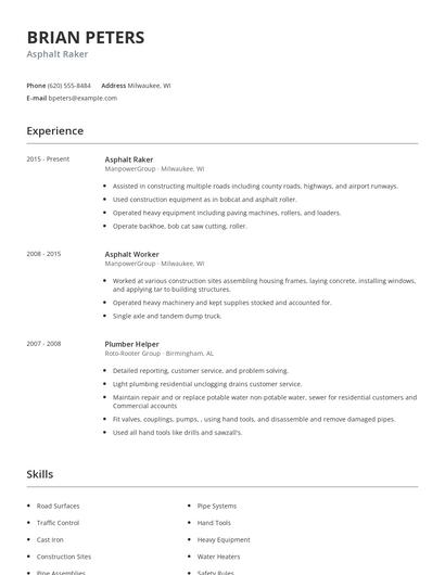 Asphalt Raker Resume