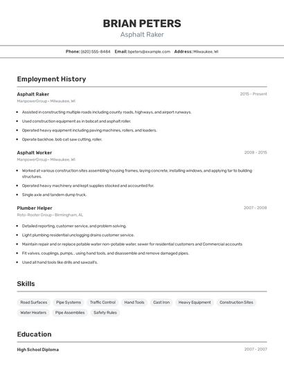 Asphalt Raker Resume