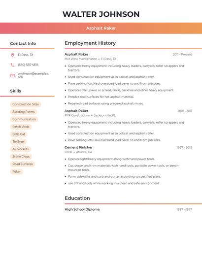 Asphalt Raker Resume