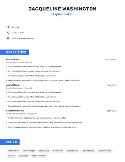 Asphalt Raker Resume