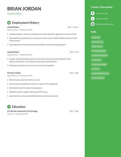 Asphalt Raker Resume