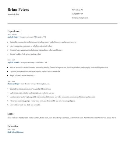 Asphalt Raker Resume