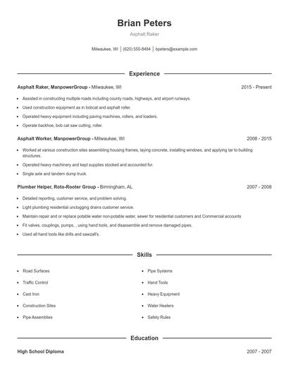 Asphalt Raker Resume