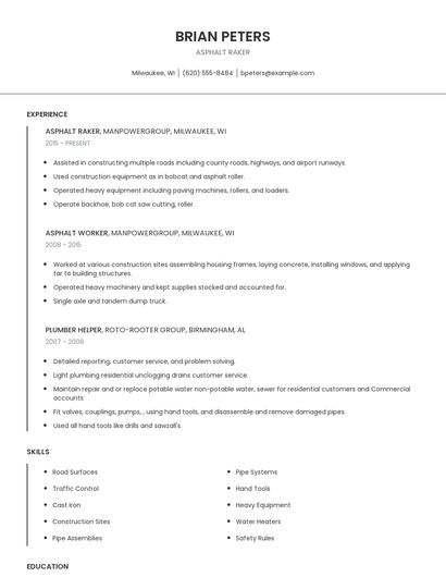 Asphalt Raker Resume