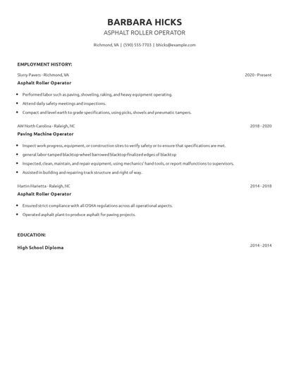 Asphalt Roller Operator Resume