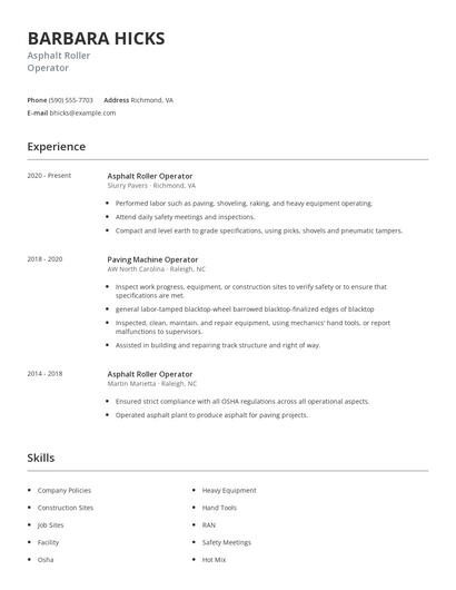 Asphalt Roller Operator Resume