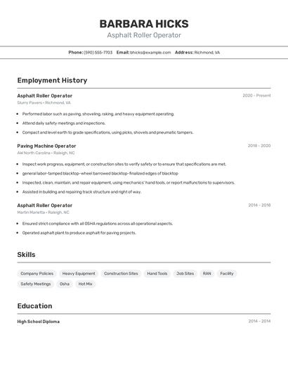Asphalt Roller Operator Resume