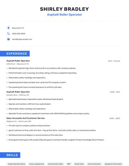 Asphalt Roller Operator Resume