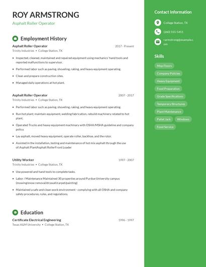 Asphalt Roller Operator Resume