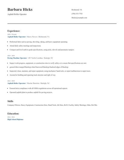 Asphalt Roller Operator Resume