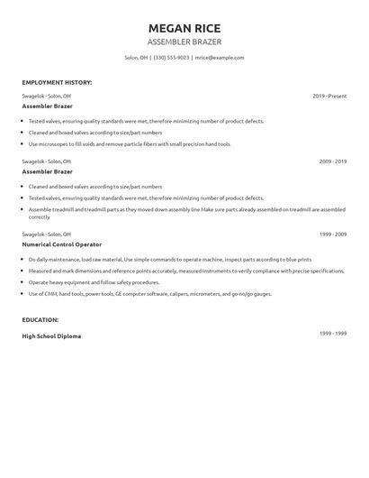 Assembler Brazer Resume