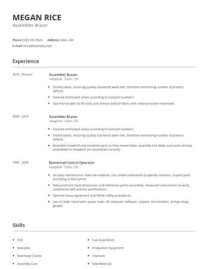 Assembler Brazer Resume