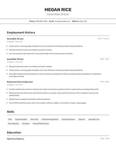 Assembler Brazer Resume