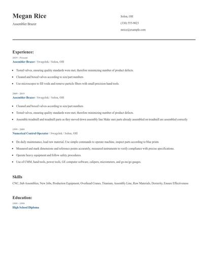 Assembler Brazer Resume